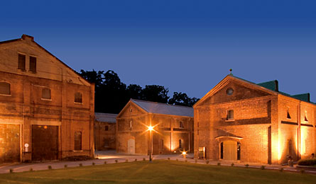 Night view of redbrick warehouses